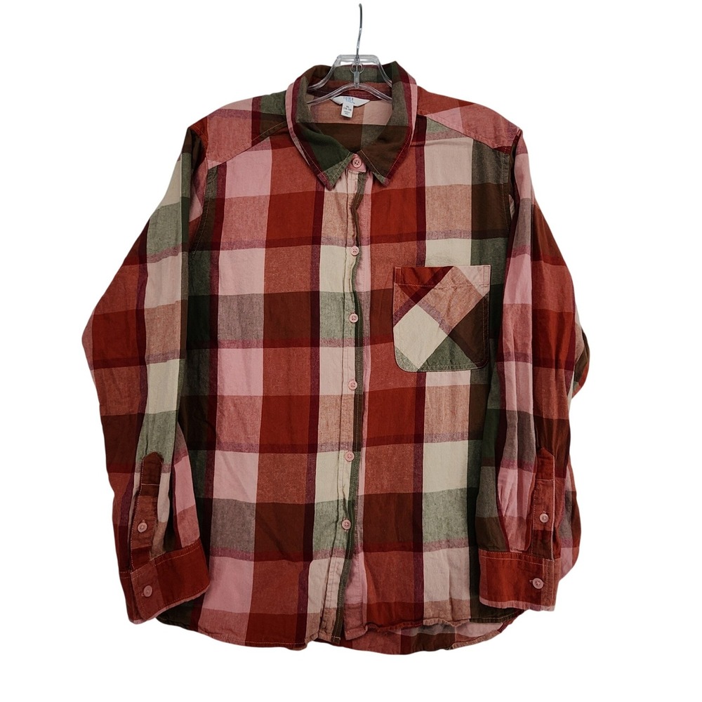 Time and Tru XL Pink Red Plaid Button Up Shirt Cotton Flannel Cabin Core Casual